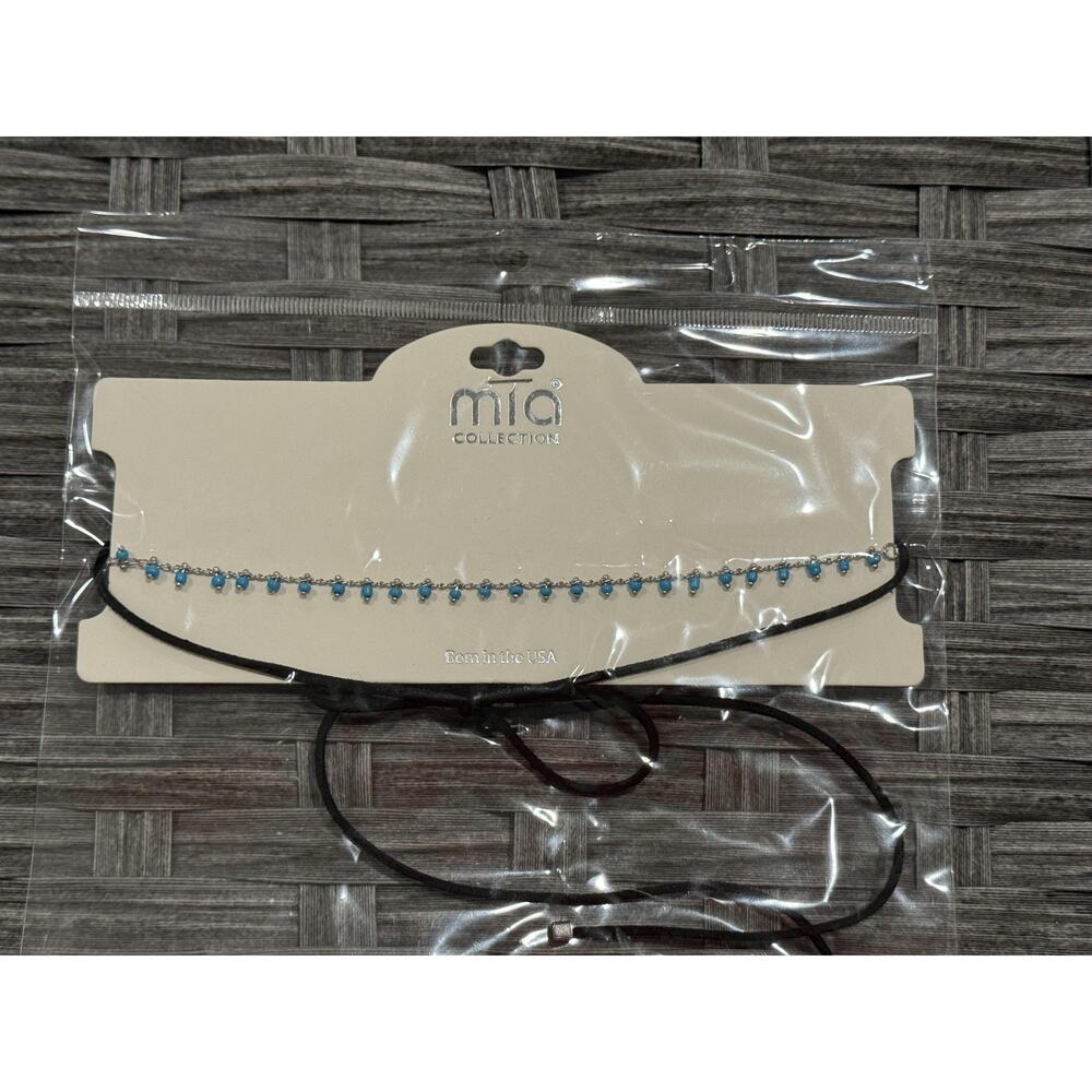 Mia Collection Blue Beaded Choker Necklace Black Suede Cord Adjustable USA Made